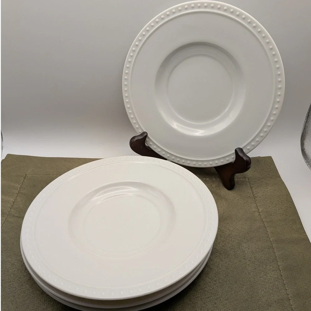 Crate and Barrel Staccato Saucers White Beaded Rim Kathleen Wills Japan Set of 4